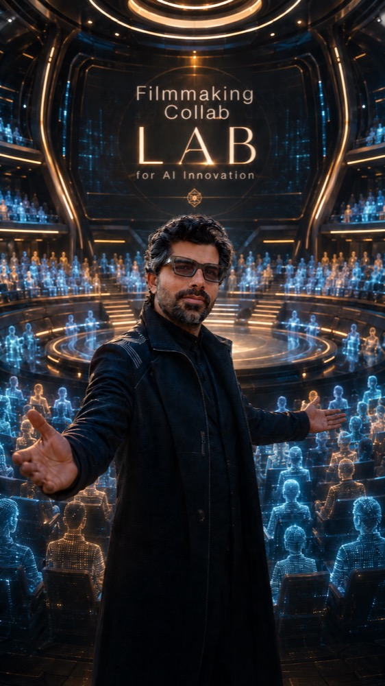 Tom Thudiyanplackal in his Filmmaking Collab Lab for AI Innovation, surrounded by a holographic audience.
